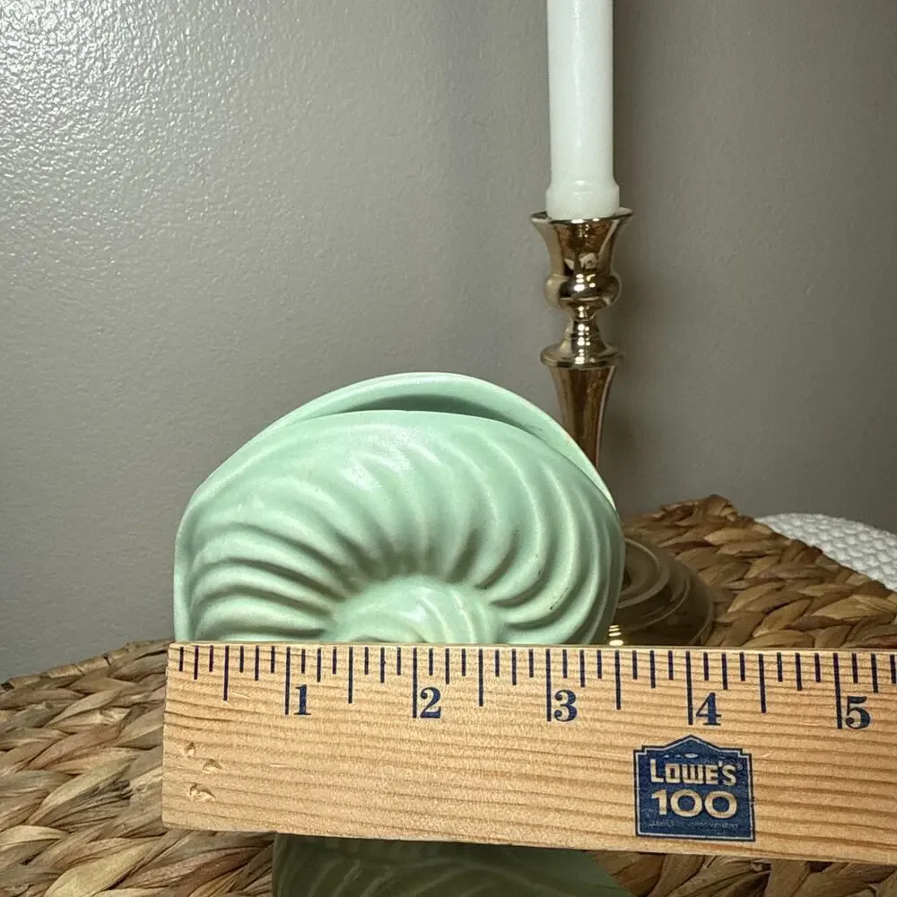 MCM Mint Green Nautilus Shell Vase Fiddlehead Fern Style Matte Pottery Decor